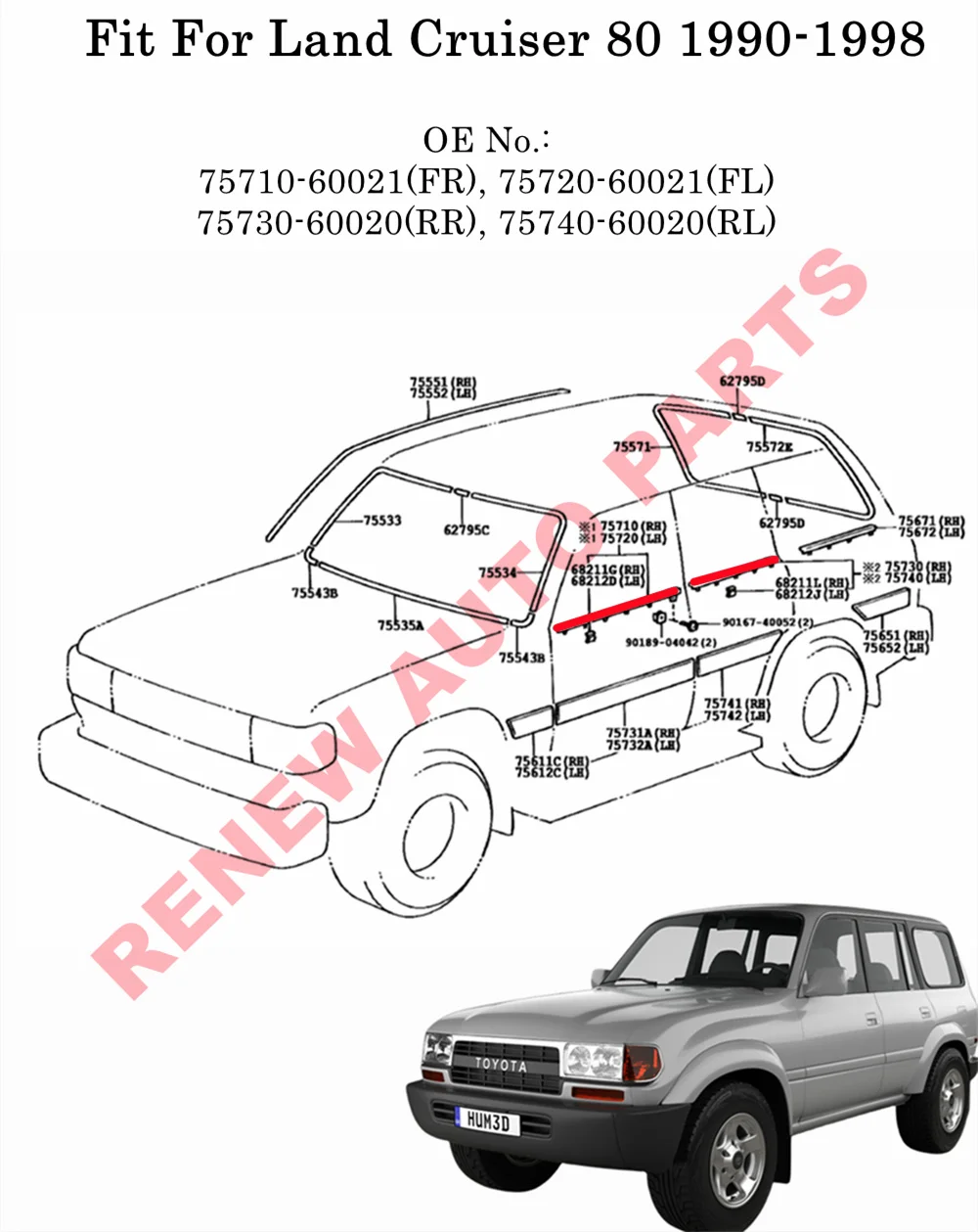 Car Side Window Weather Strip Rubber Seal Weatherstrip Moulding For ToyotaLand Cruiser LC80 FZJ80 LX450 1990-1998