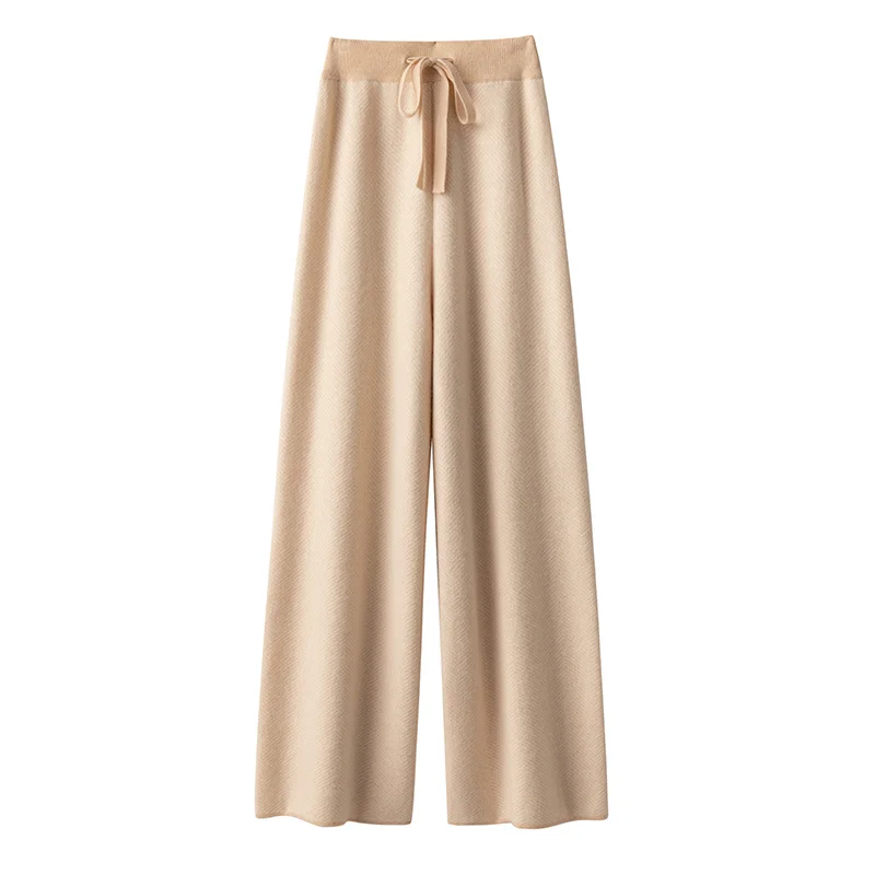 Women's 100% Merino Wool Knitted Casual Pants Tweed Pattern Straight Leg Woolen Trousers for Men Comfortable Leisure Trousers