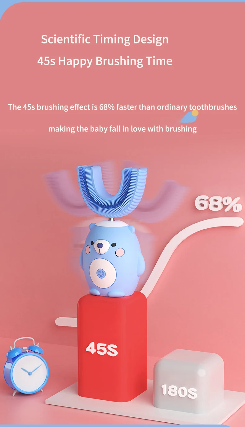 360 Grad automatische U-Form Kinder elektrische Zahnbürste wiederauf ladbare Smart Kids Sonic Zahnbürste Silikon Cartoon blaues Licht – Detail 7
