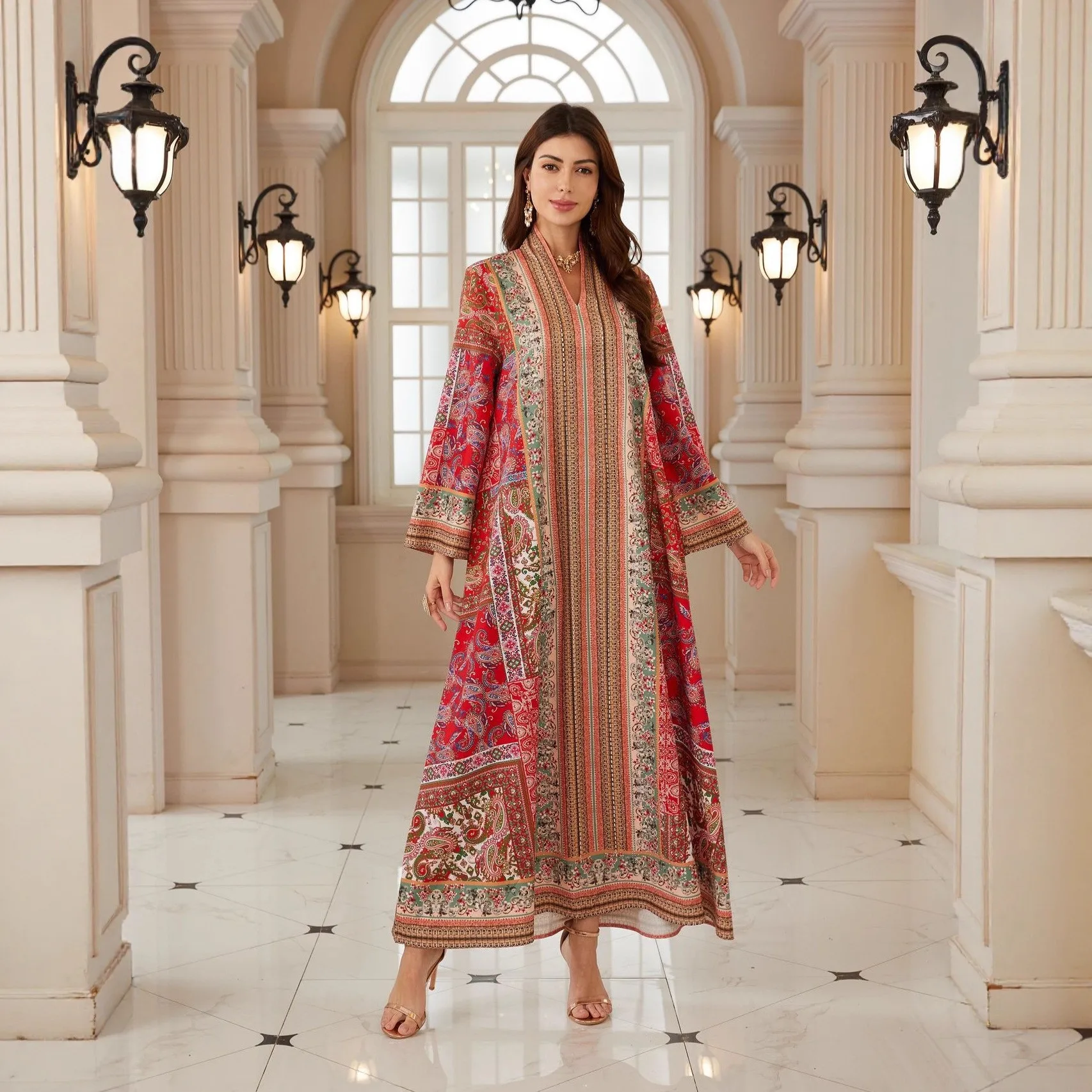 Elegant High Waist Maxi Dress with Long Sleeve Digital Print Open Abaya Muslim Woman Turkey Traditional Dresses Abayas For Woman