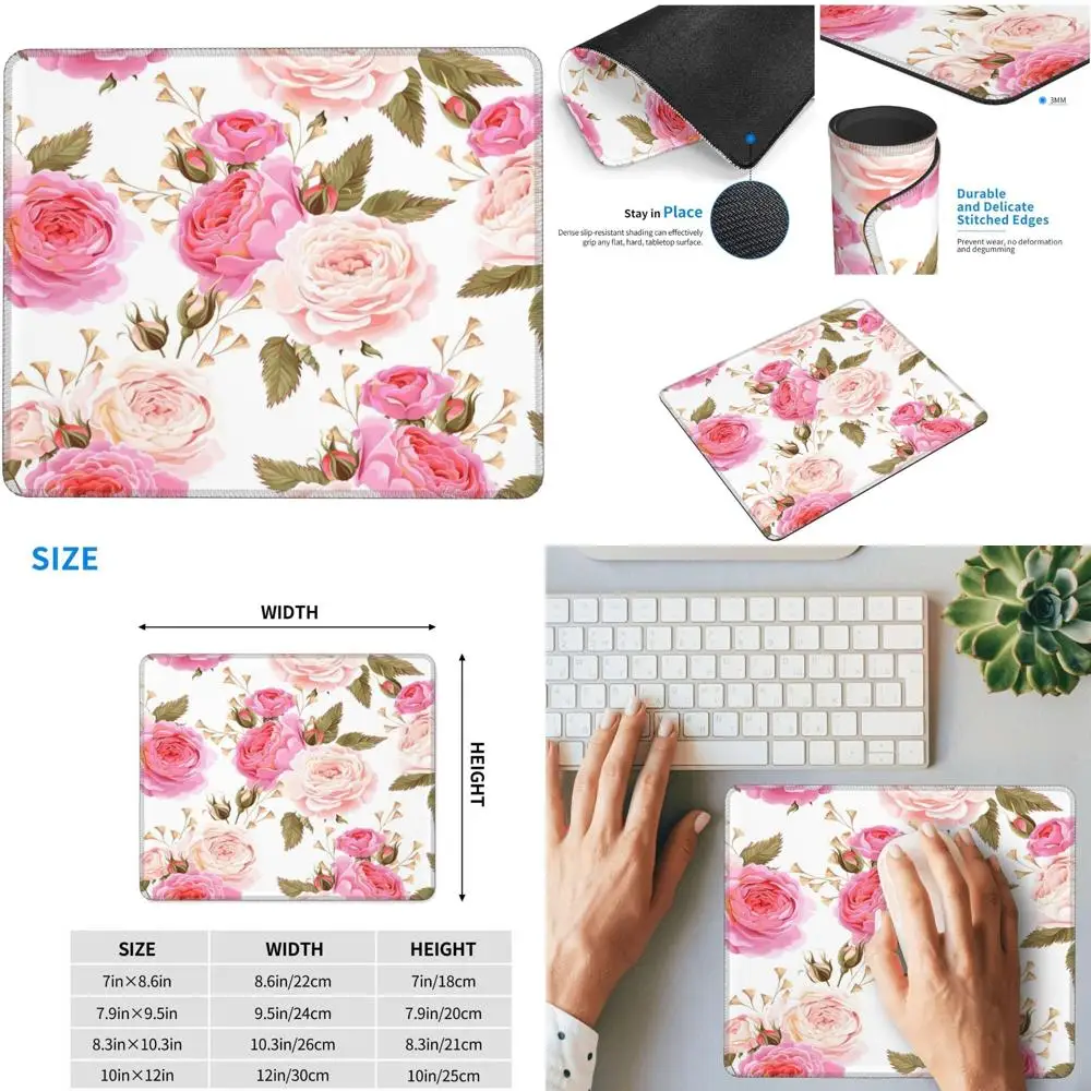 

Floral Rose Pink Gaming Mouse Pad with Stitched Edges and Anti-Slip Rubber Base, 7 x 8.6 inches