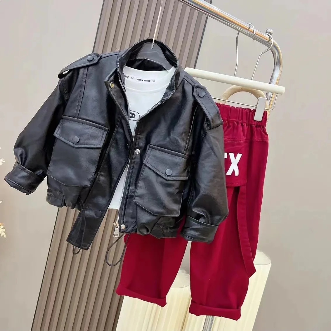 

Spring Autumn Teenager Girls' Cargo Pants Set Girls Leather Jackets T-shirt pants 3pcs 4-12Year Kids Outfits