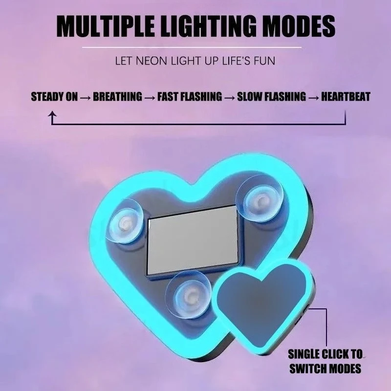 Solar Powered Car Neon Light Wireless Cute Heart Shaped Led Ambient Light Suction Cup USB Rechargeable Atmosphere Breathing Lamp image 4