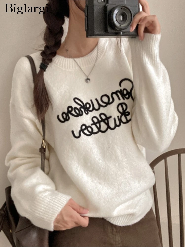 محبوك سترة الخريف الشتاء المرأة الكورية طويلة الأكمام البلوز السيدات البلوز القمم موضة إلكتروني طباعة امرأة متماسكة البلوزات #1