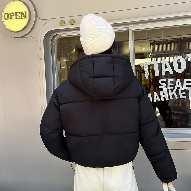 Women Short Parkas Cropped Hooded Puffer Coat Side Drawstring Hem Full Slant Pocket Quilted Jackets Loose Warm Winter Outerwear