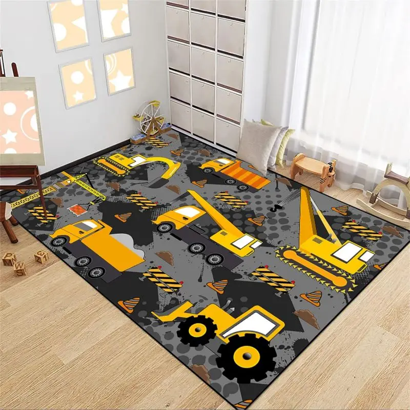 Construction Car Print Area Rug Washable Carpets for Kids Bedroom Living Room Kitchen Entrance Mat Non Slip Flannel Mats