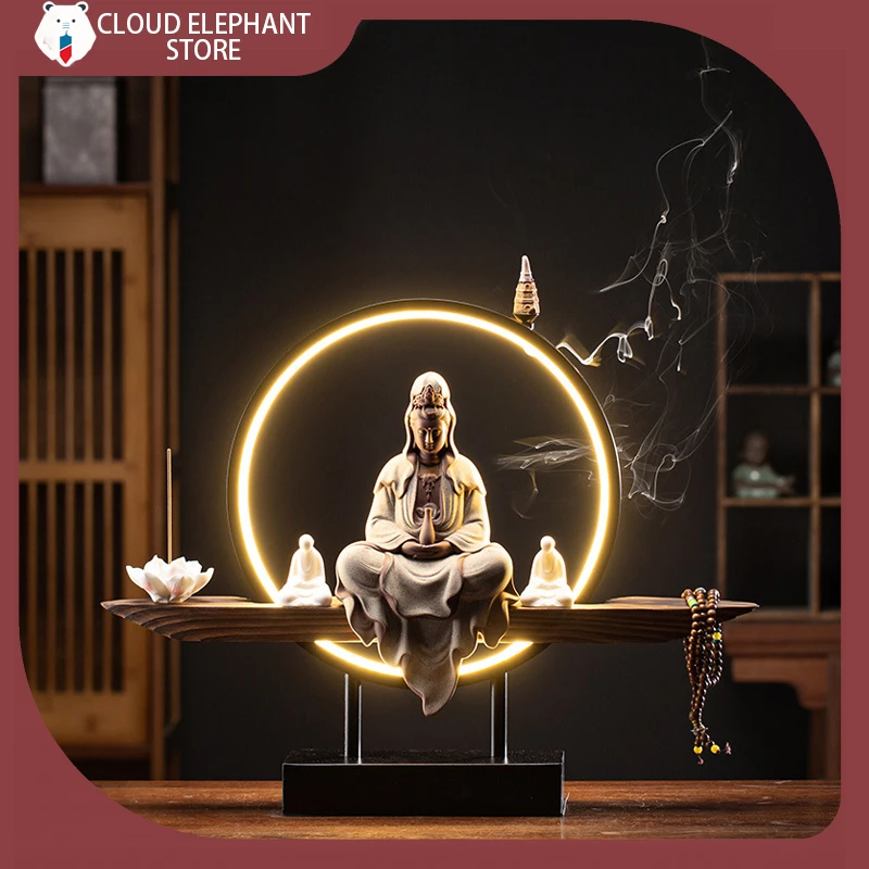 IN STOCK Zen Intent Guanyin Buddha Statue Home Living Room Ceramic Lamp Ring Light Circles Ornaments Enshrine Decorative Crafts