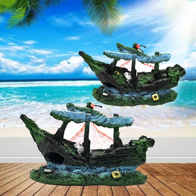 Wreck Sunk Ship Aquarium Ornament Sailing Boat Fish Tank Cave Decor Resin Ornament Landscaping Decoration akvaryum dekorsupplies