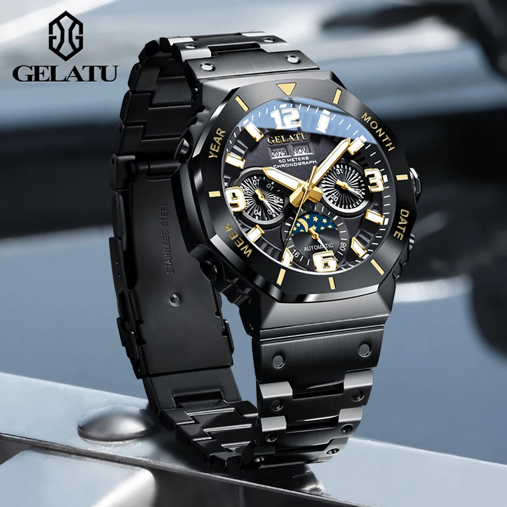 GELATU 6030 Watches Man Top Luxury Business Mechanical Watches For Man Big Dial Moon Phase 50M Waterproof Watch Gifts Box