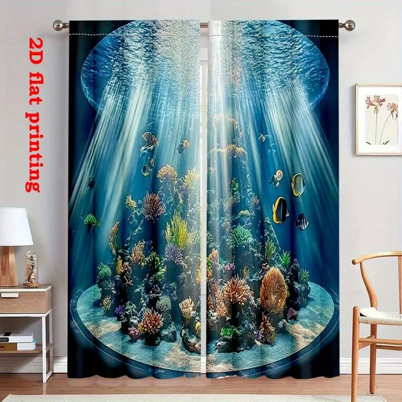 Underwater World Curtain, Tropical Fish Coral Reef Print Drape Ocean Scenery Window Treatment for Living Room Bedroom Home Decor