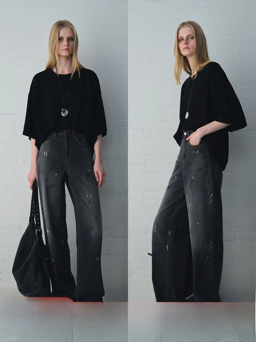 

Винтажные джинсы ручной работы с широкими штанинами и эффектом потертости, женские, осенние, с высокой талией, на молнии, из хлопка, модные брюки