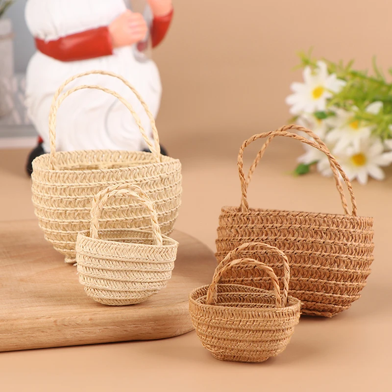 1/12 Dollhouse Woven Bread Basket Shopping Basket Straw Handbags Dollhouse Weaving Beach Bag For Dolls Miniature Decoration