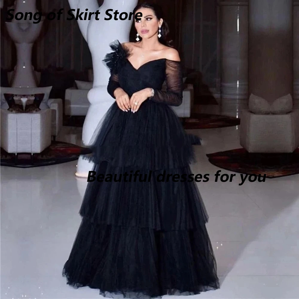 Black Formal Prom Dresses for Woman Customized Off The Shoulder V-Neck Long Sleeve A Line Tulle Tiered Floor Length Party Dress
