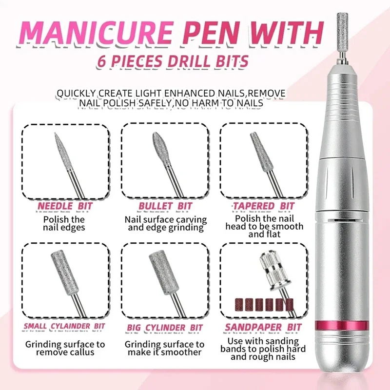 

Portable Rechargeable Nail Drill Machine With Bits Kit For Acrylic Nails Gel Polishing Removing For Home
