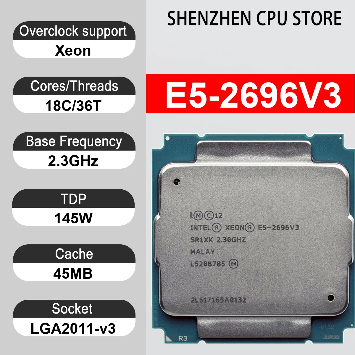 Intel Xeon E5-2696V3 18 Core 36 Thread 2.3GHz 145W 45MB Cache 22nm LGA 2011-v3 SR22Z  DDR4-2133 Mhz Haswell-EP