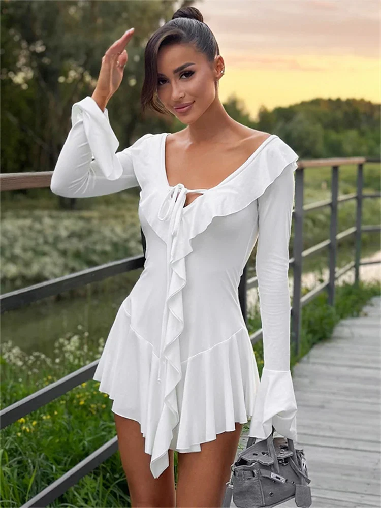 chinese dress ladies Sexy Lace Long Sleeve Backless Celebrity Runway Club Party Dress White Bandage Dress / L