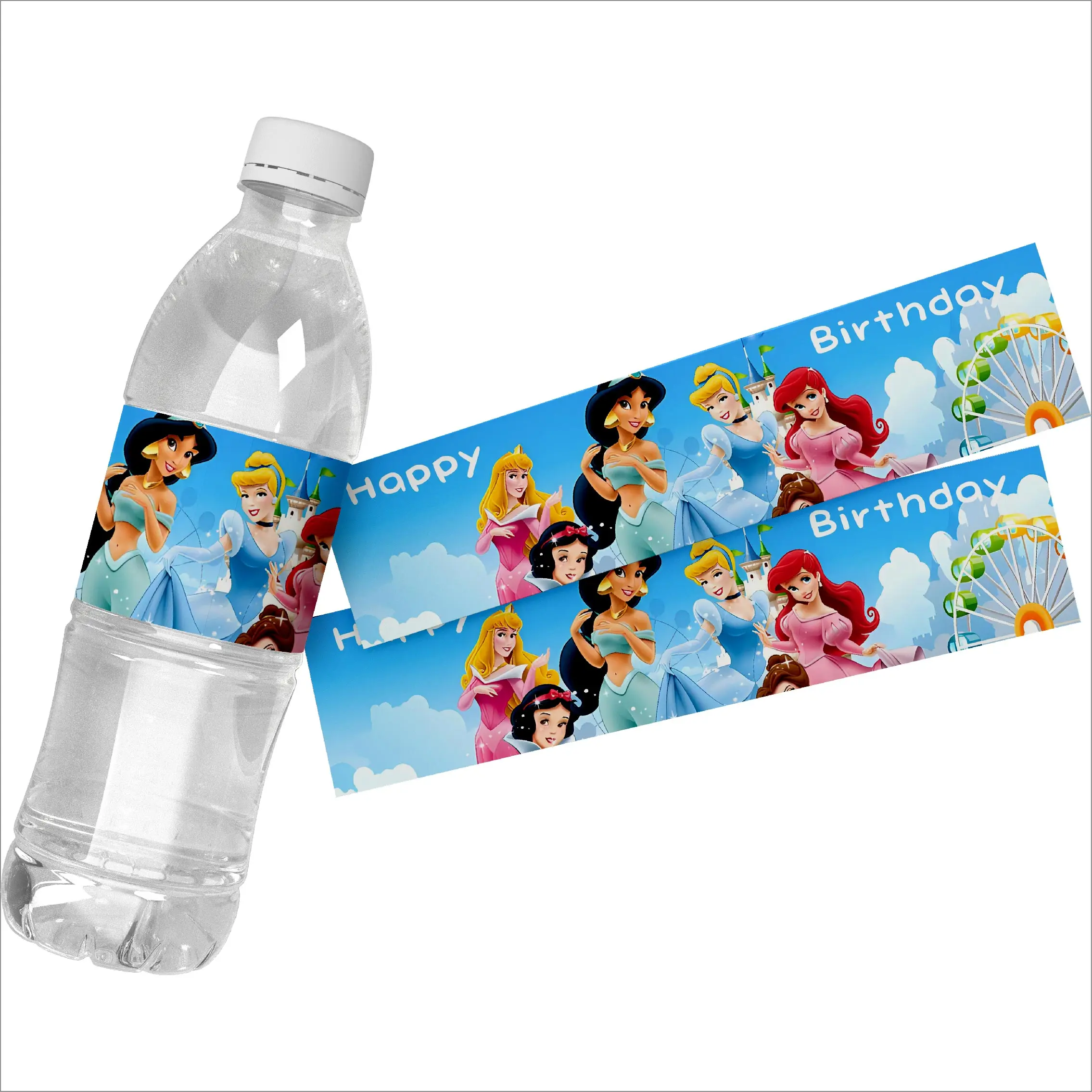 Etiquetas adhesivas para botella de agua con temática de princesa Disney, suministros de decoración para fiesta de cumpleaños de niños, envoltorio