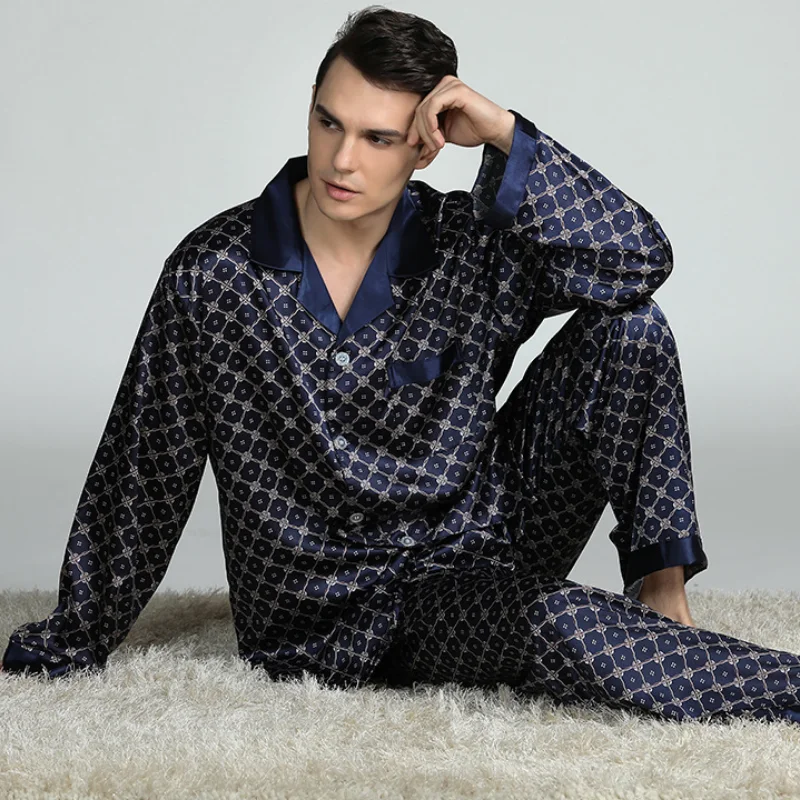 PLUS SIZE Men\'s Pajamas 2PCS Sleepwear Set Spring Autumn Long Sleeve Trouser Pijamas Suit Loose Print Silk Satin Lounge Wear