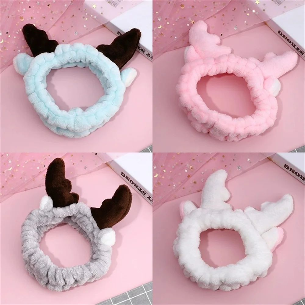 Cute Antler Wash Face Makeup Hairbands Soft Flannel Animal Horns Headband for Women Girls Plush Elastic Hair Turban Dropshipping