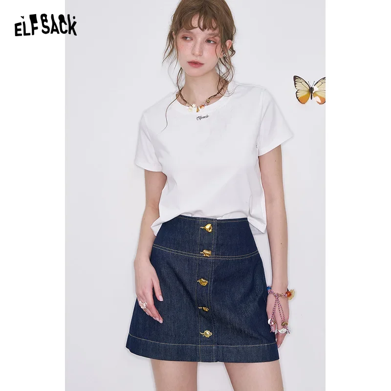 ELFSACK 2025 Spring New Arrivals Retro Blue High Waist A-Line Denim Skirt Women Washed Denim Metal Buttons Mini Skirt