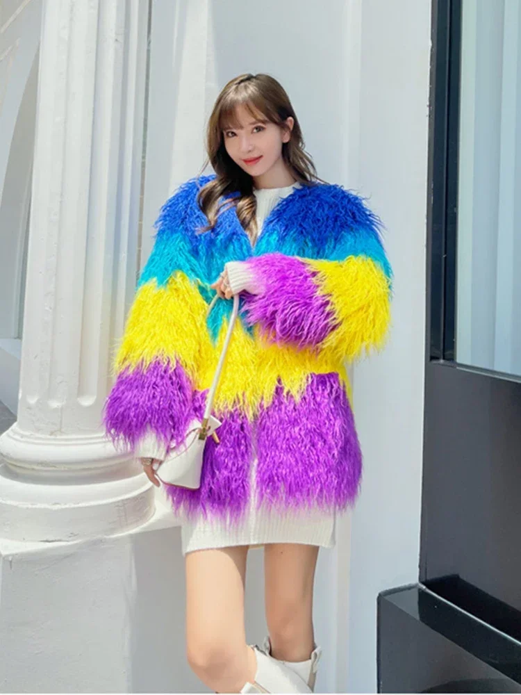 High Quality Autumn Winter Coat Women Luxury Women Rainbow Fluffy Faux Fur Coat Mid Long Oversize Ladies Coats and Jackets