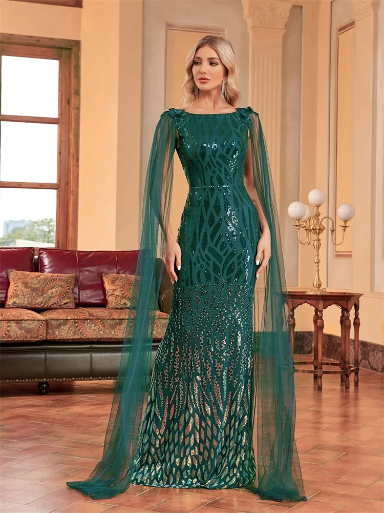 XUIBOL Luxury Arabia Long Sleeve Green Sequins Evening Dress Women 2024 Female Guests Wedding Party Floor-Length Cocktail Prom