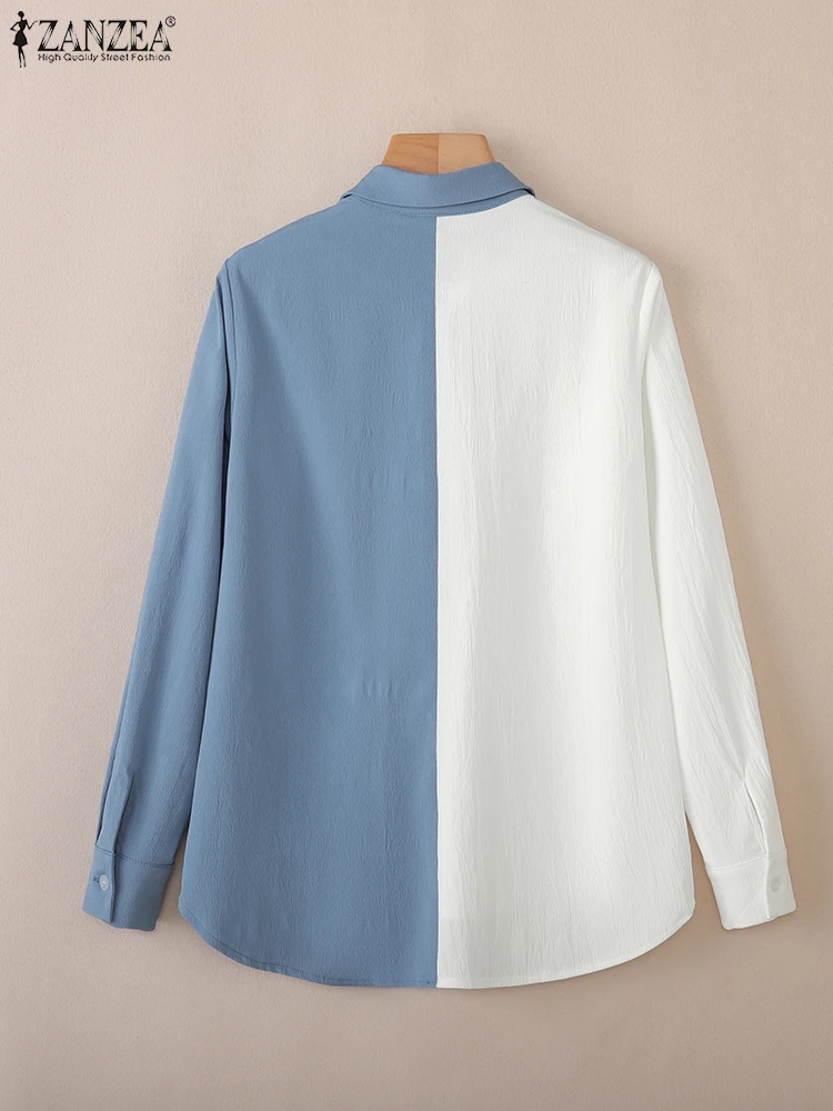 2025 ZANZEA قمصان مكتب الخريف المرقعة القمم أنثى OL العمل بلوزة أزرار Blusas أنيق المرأة التلبيب الرقبة طويلة الأكمام قميص #5