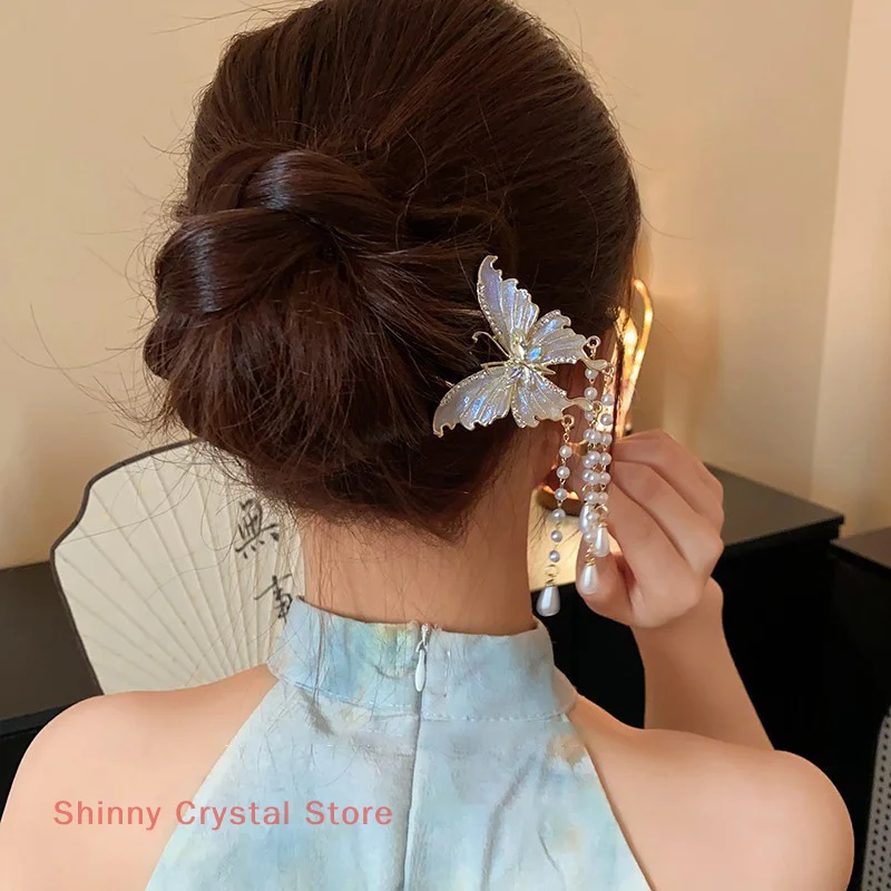 Chinese Style Pearl Tassel Hairpin Ancient Style Swaying Hairpin For Women Light Luxury U-shaped Horse Face Skirt Hairpin