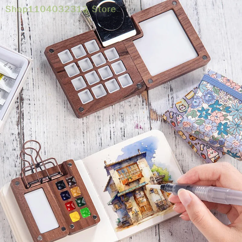 Travel-Friendly Walnut Wood Watercolor Sketchbook Palette with Paint Box and Clip image 5