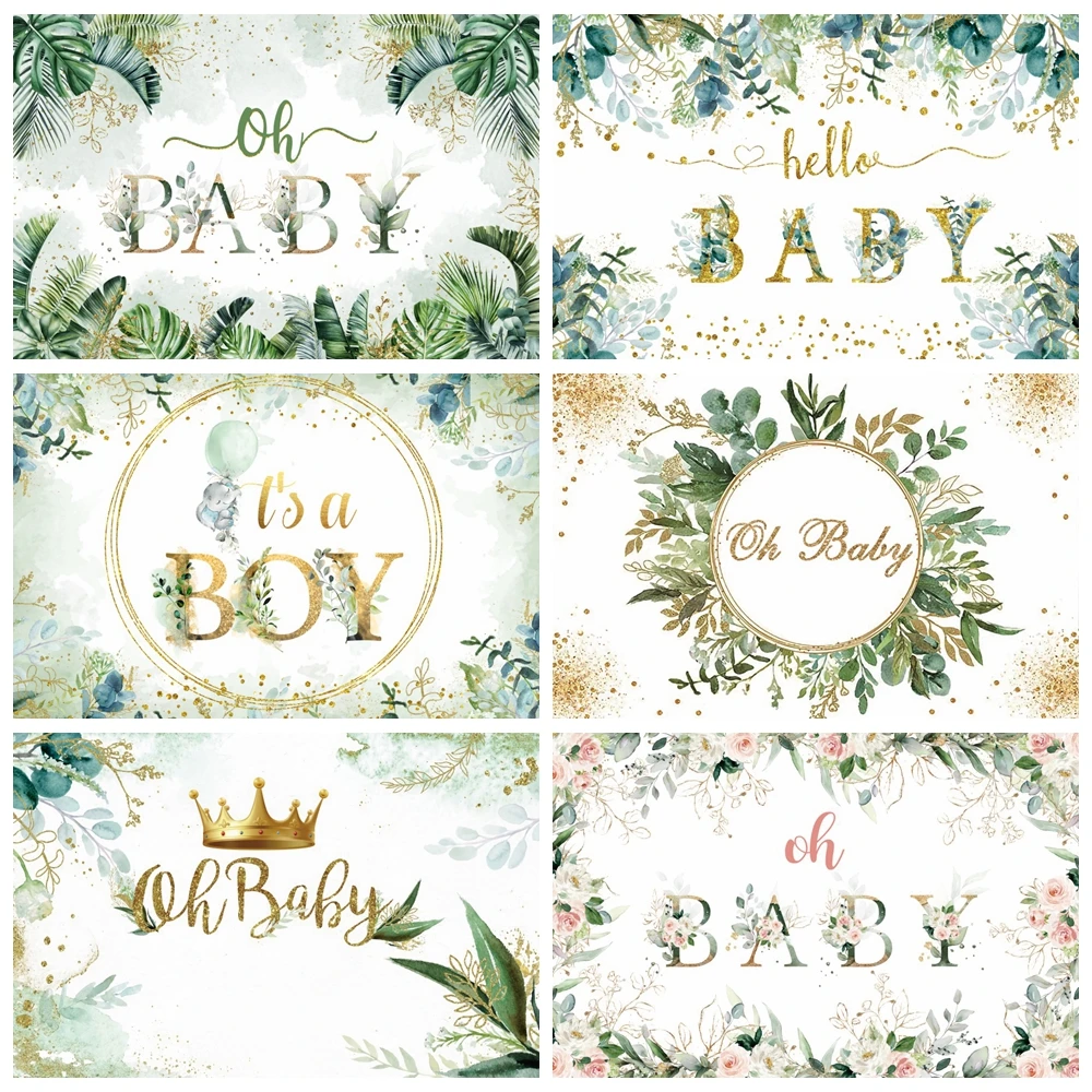 

Oh Baby Baby Shower Photography Backdrop Newborn Kids 1st Birthday Party Green Leaves Floral Background Cake Smash Photo Studio