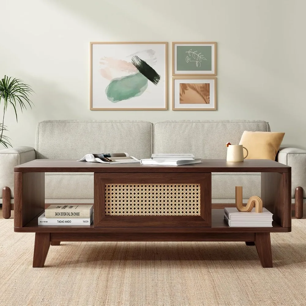 

Coffee Table, Mid Century Living Room Tables with Storage, Modern Square with Rattan Drawer, Wooden Living Room Table with Solid