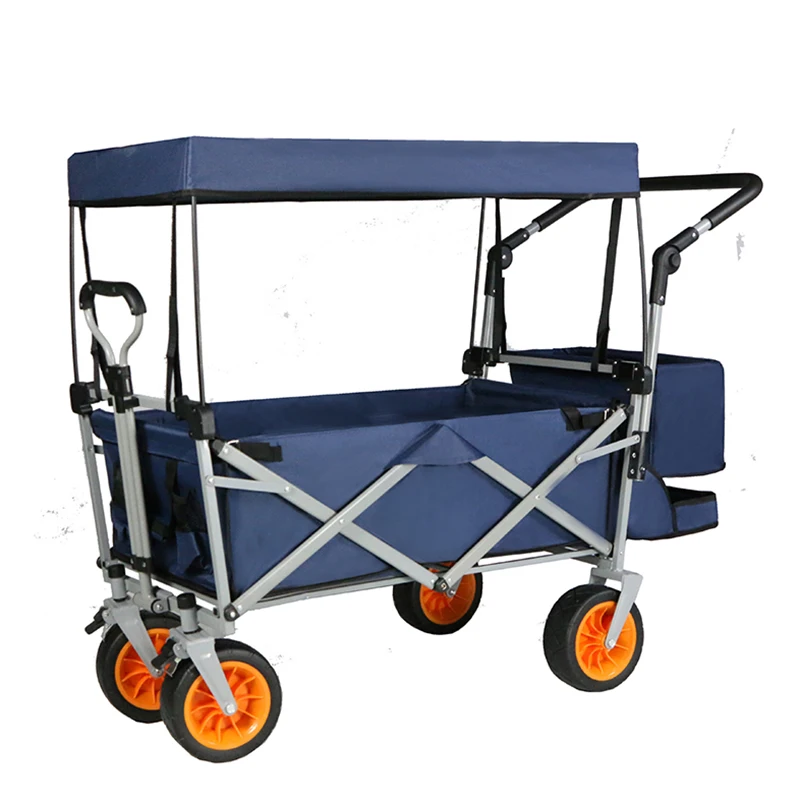 

Folding Wagon Cart W/ Adjustable Handle Bar Removable Canopy Oxford Cloth Collapsible Shopping Outdoor Camping Beach Cart