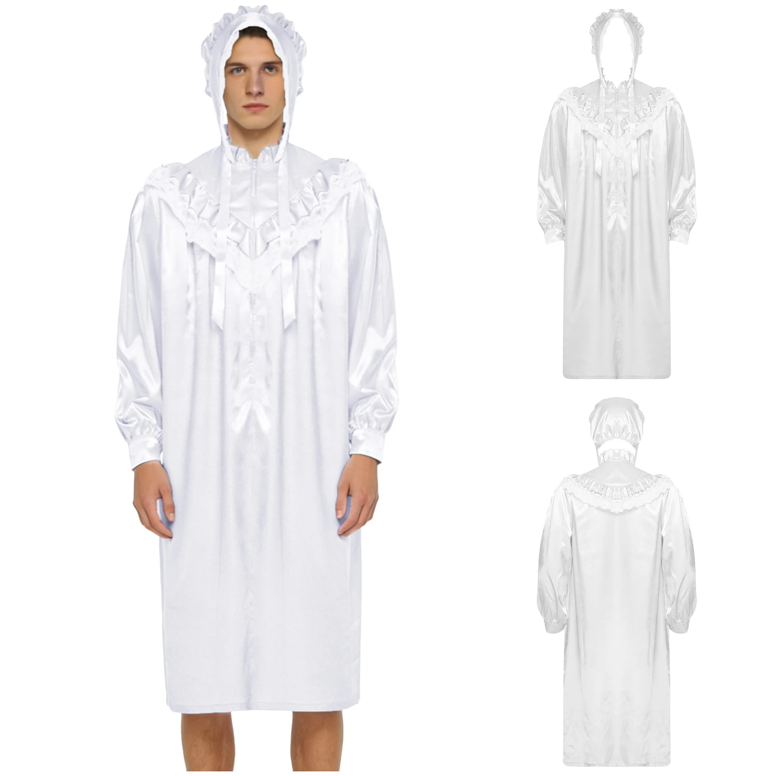 

Men Satiny Gothic Victorian Nightgown Robe with Hat Set Lace Trim Long Sleeve Sleep Dress And Lace-up Bonnet for Pajamas Party
