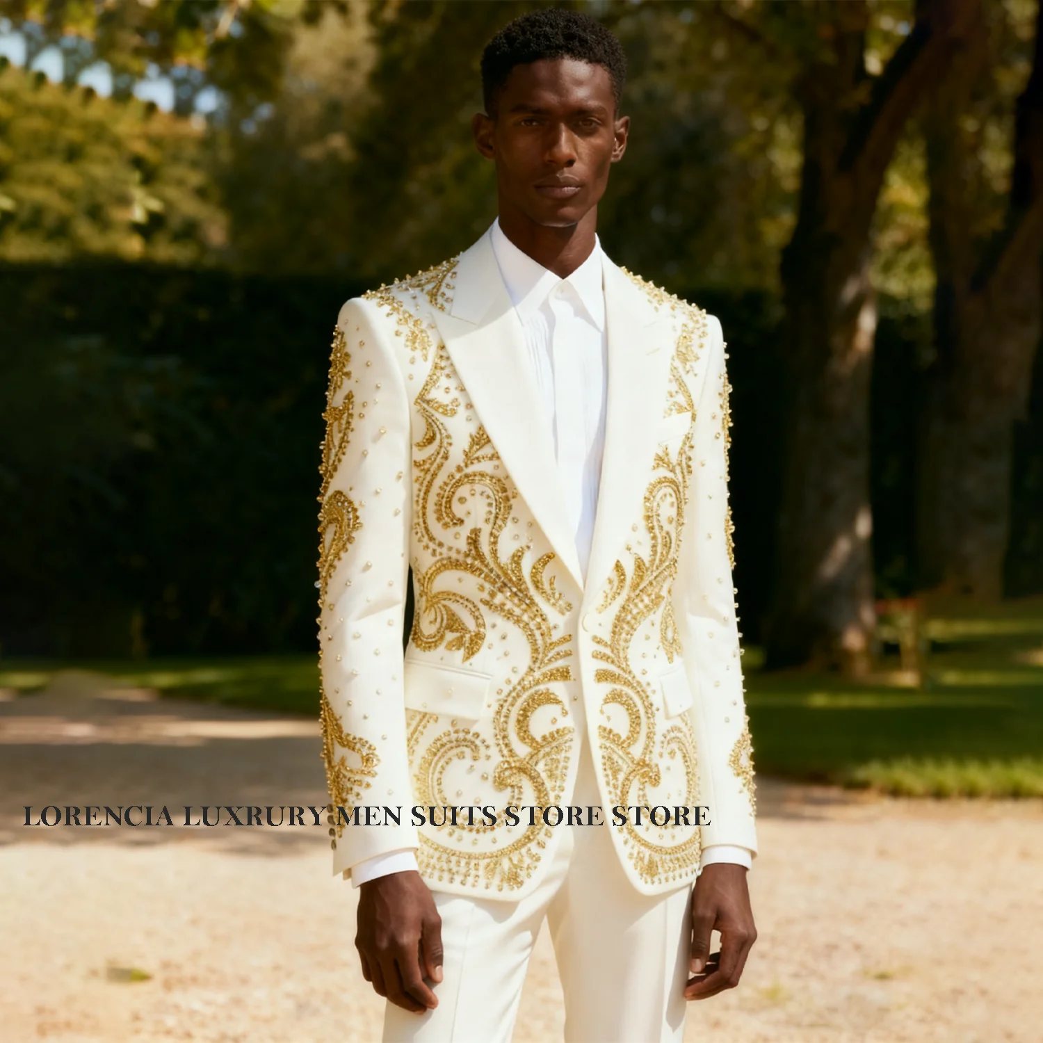 

Exquisite Metal Embellished Men Suits Slim Party Prom Blazer Costume Customized Homme Single Breasted 2 Pieces SetGroom Tuxedos