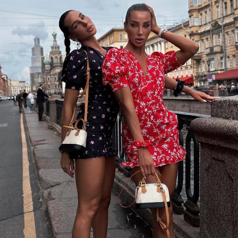 Chic Printed Slim Fit Mini Dress Women Elegant V-neck Puff Short Sleeves Waist Cinching Dresses 2026 Summer Lady Party Robes New