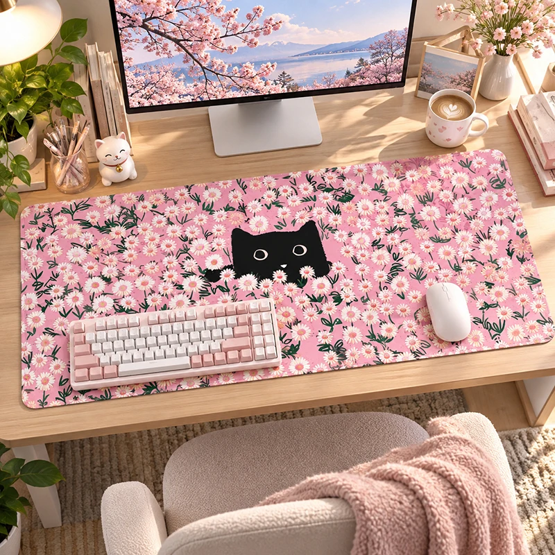 Mouse Pad Black Cat Pink Floral Pattern Gaming XL Home Custom Mousepad XXL Desk Mats Office Soft Non-Slip Carpet Mouse Mats