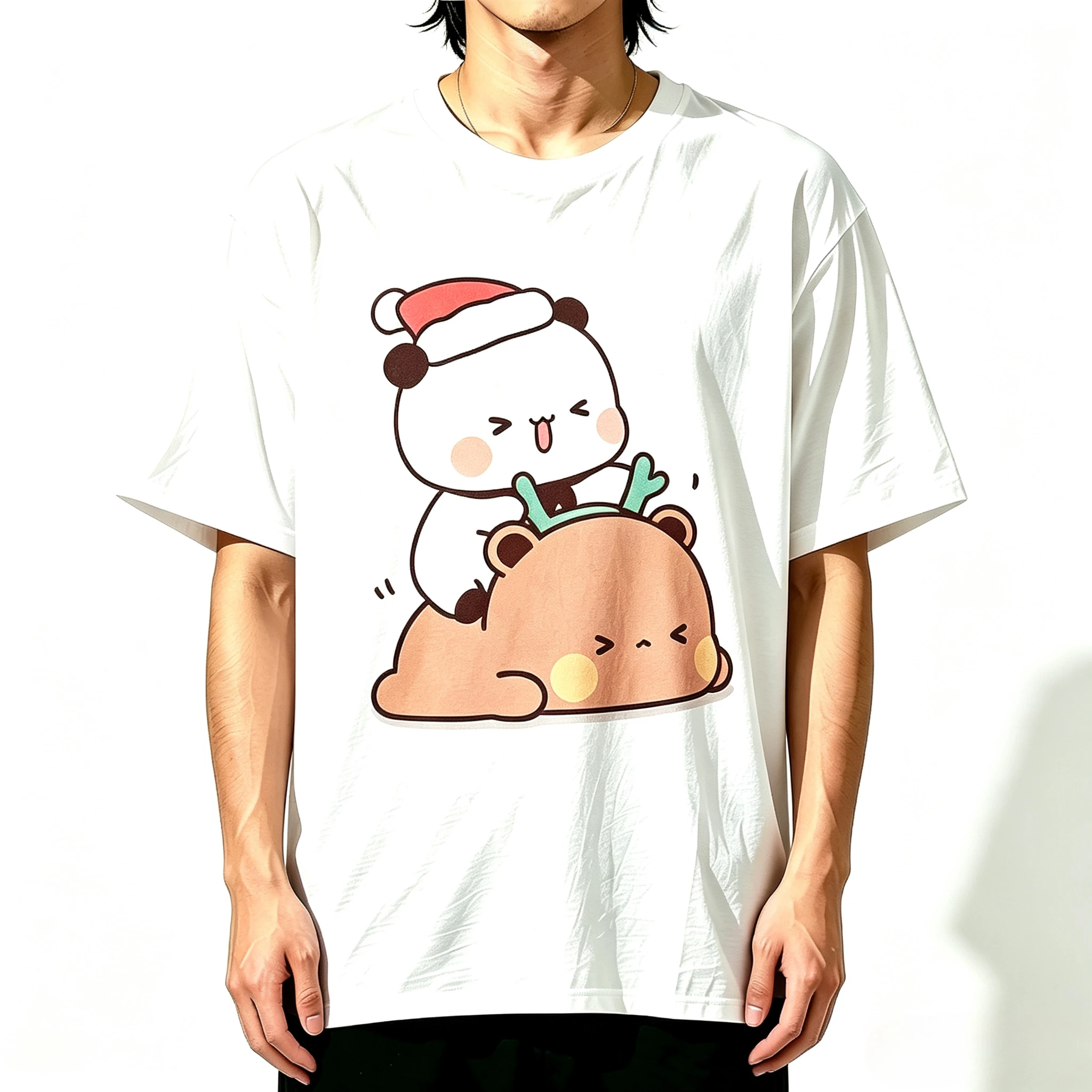 Couple Matching Outfit Cartoon Unisex Loose Short Sleeve Modal T‑Shirt  Adorable Xmas Panda Bear Graphic Tee Daily Matching Tops