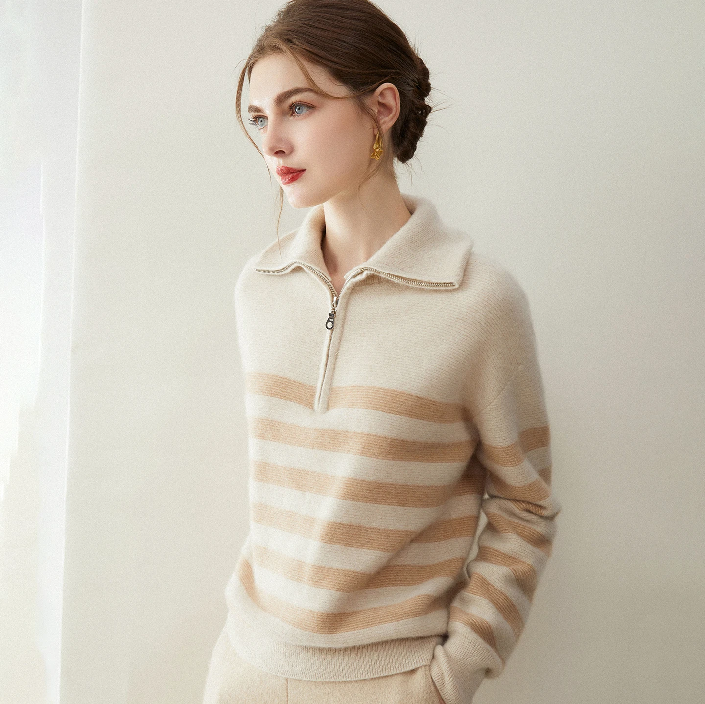 2025 Autumn/Winter Women's 100% Cashmere Half Zipper Turtleneck Striped Hoodie Pullover Sweater Simple Casual Knitted Top