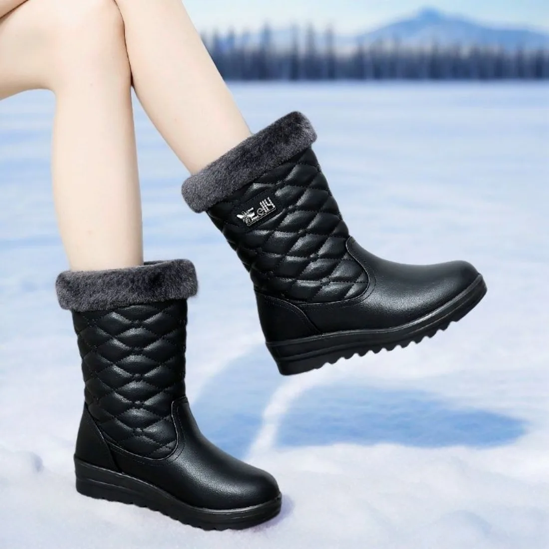 Stivali da Neve Invernali Bianchi in Vera Pelliccia per Ragazze, Stivali Caldi alla Moda con Pelliccia, Stivali da Donna con Punta Tonda, Cerniera e Tacco a Zeppa, Taglie 33-41