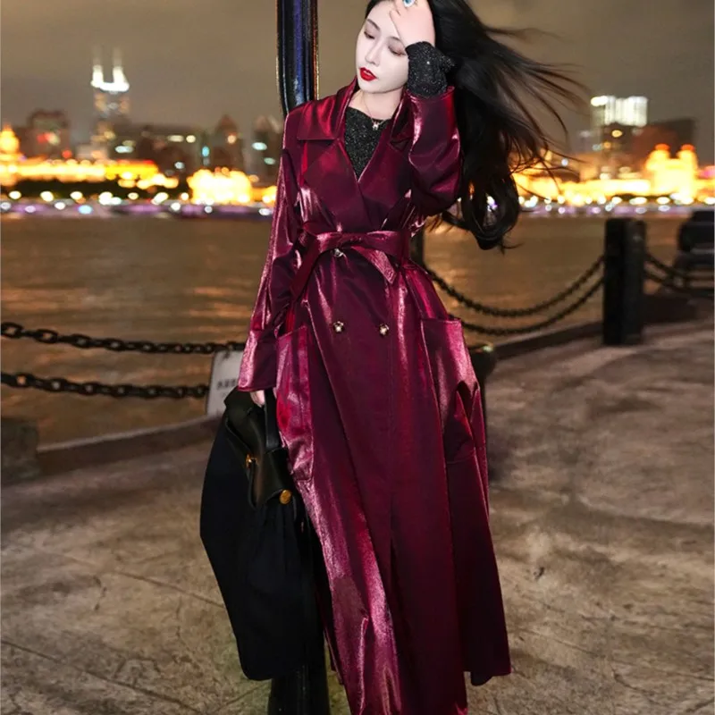 Slender spirit wine red new sough big swing trench coat