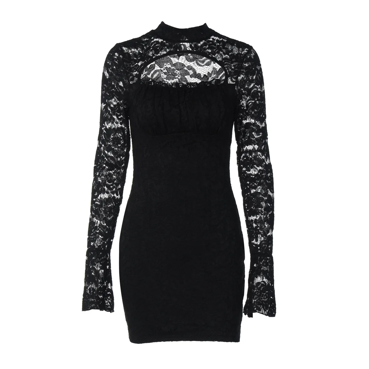 XIAOTANG-minivestido negro de retales de encaje para mujer, vestido ceñido calado de manga larga, vestidos de noche elegantes para fiesta para mujer 2025