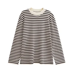 PB&ZA2024 Autumn New Women's Fashion Style Versatile Casual Half High Collar Long Sleeve Striped Knitted Shirt