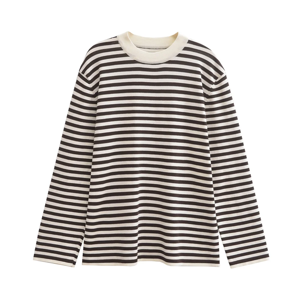 PB&ZA2024 Autumn New Women's Fashion Style Versatile Casual Half High Collar Long Sleeve Striped Knitted Shirt