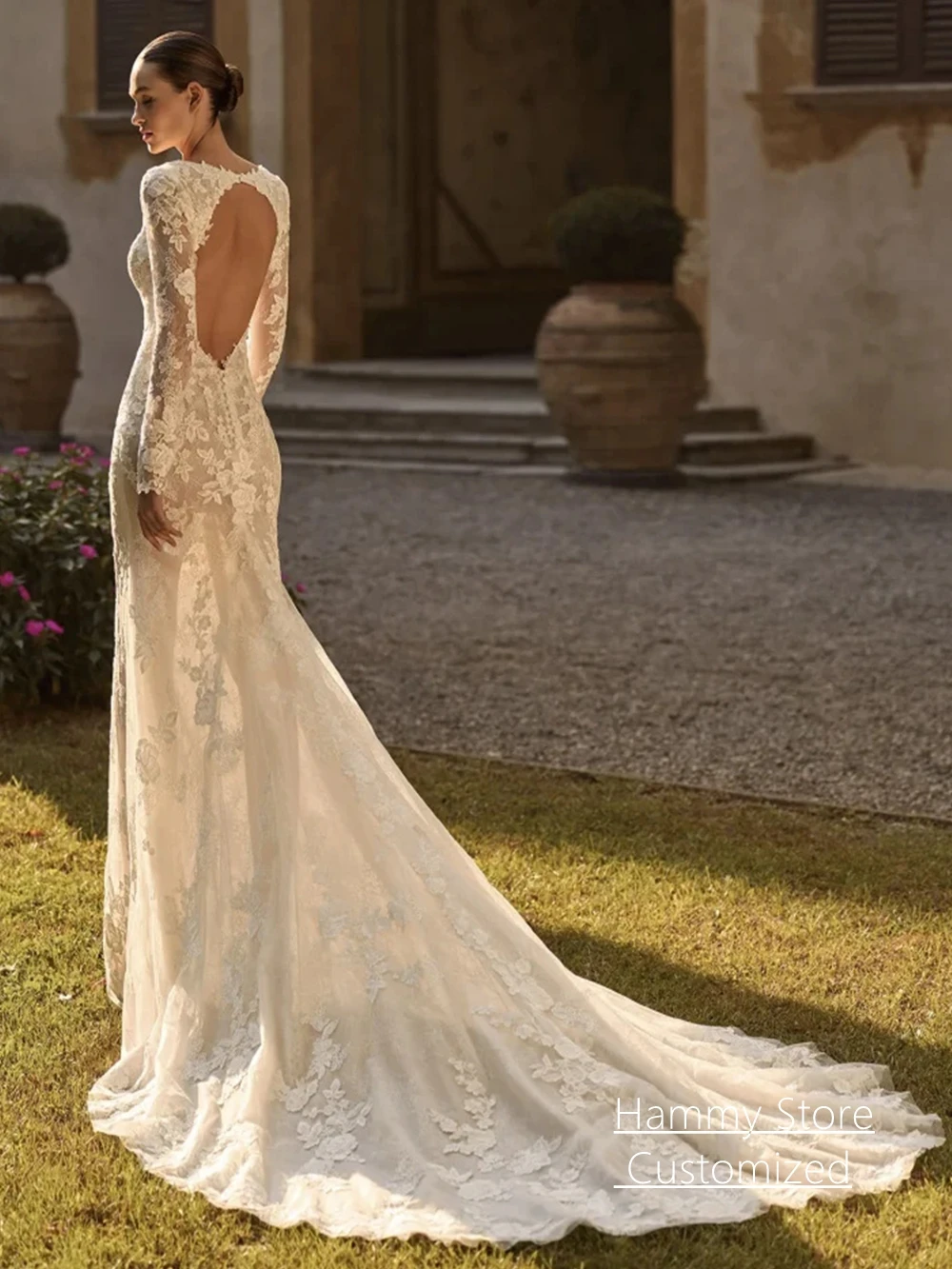 Customized Long Sleeves Lace Mermaid Wedding Dress Sexy Deep V Neck Applique Illusion Bride Bridal Gown Sweep Train