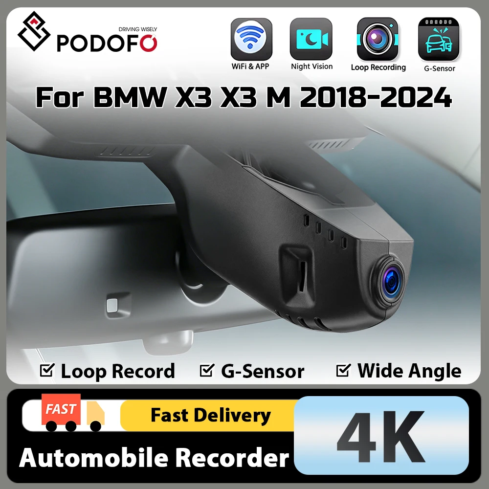 Podofo 4K Dashcam 150 °   Sichtwinkel, integriertes WLAN & App, G-Sensor, Loop-Aufnahme, Auto-DVR-Recorder, geeignet für BMW X3 X3 M 2018-2024 M40i Sdrive Xdrive30i 30eG01