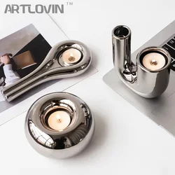 Luxury Electroplating Silver Candlestick Holder,Modern Living Room Office Art Decoration,Creative Ceramic Cylinder Candle Holder