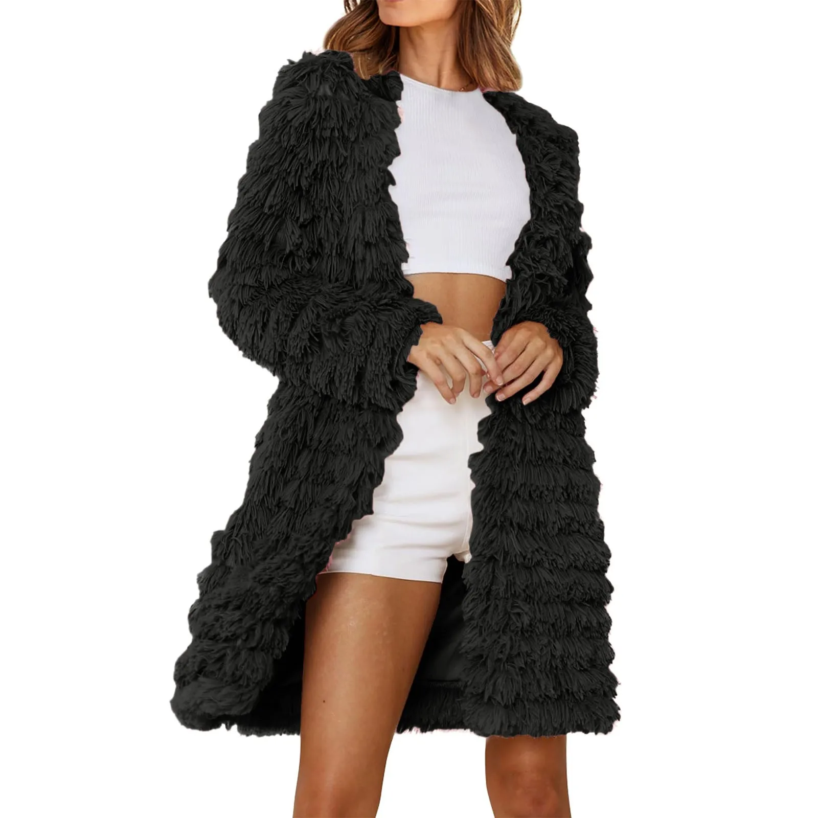 جاكيت نسائي مفتوح من الأمام طويل أشعث من الجلد الصناعي معطف شتوي ملابس خارجية استعراض كوري ملابس كثيرة خريف 2023 #3