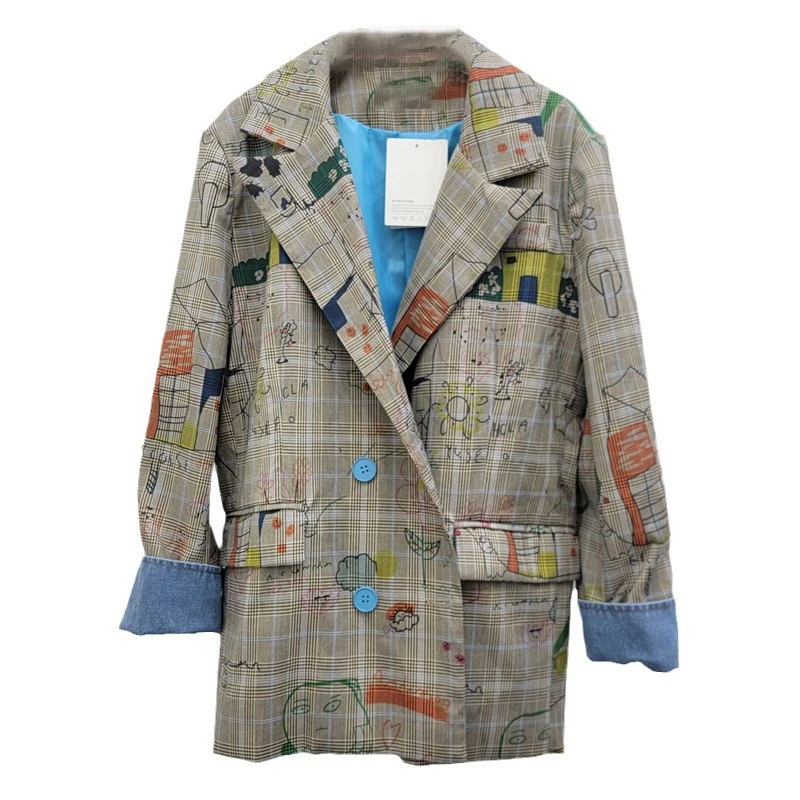 WTHT Trendy Women\'s Gray Plaid Graffiti Design Loose Casual Blazer 2024 Autumn Fashion Lapel Long Sleeves Jacket Female 1LS082
