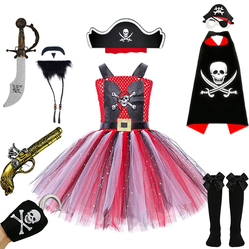 Kids Skull Print  Pirate Tutu Dress for Girls Halloween Cosplay Masquerade Stage Performance Carnival Party Children's Costume