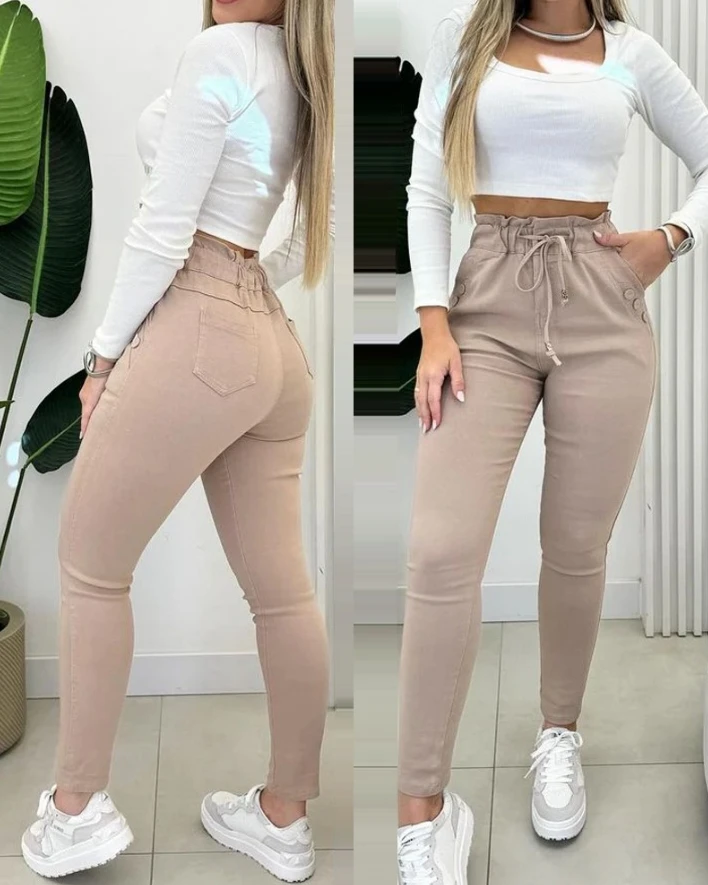 Women's Pants 2024 Spring Autumn Fashion Drawstring Waist Button Decor Fleece Lined High Waist Pocket Casual Skinny Daily Pants